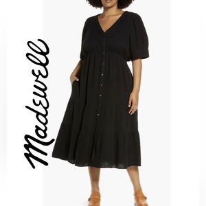 Madewell Women's Lightspun Button Front Tiered Midi Dress in True Black 14W